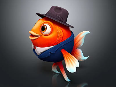 Orange Goldfish Wearing Brown Hat And Blue Suit With White Collar 3d model