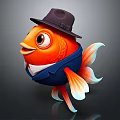 Orange Goldfish Wearing Brown Hat And Blue Suit With White Collar