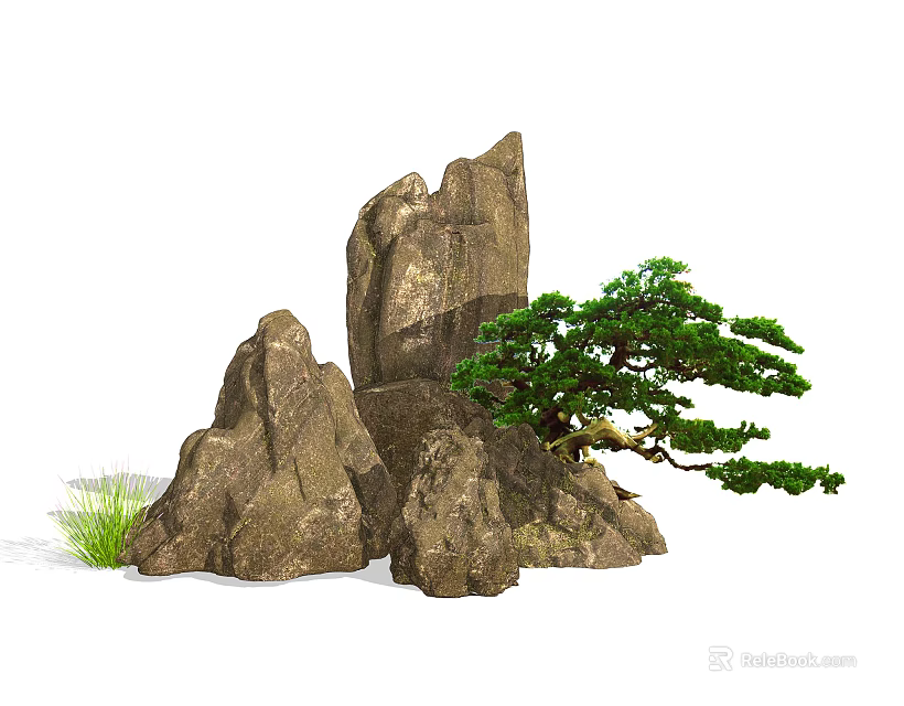 Natural Courtyard Garden With Rocks Pine Tree And Green Grass 3d model 