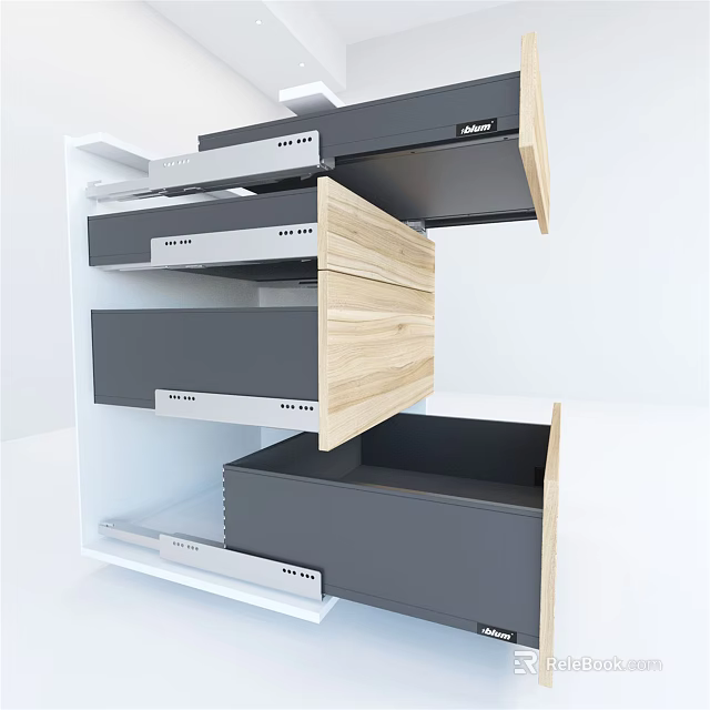 Modern Kitchen Cabinets With Open Drawers And Wooden Dark Panel Design 3d model 