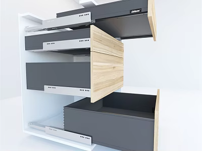 Modern Kitchen Cabinets With Open Drawers And Wooden Dark Panel Design 3d model