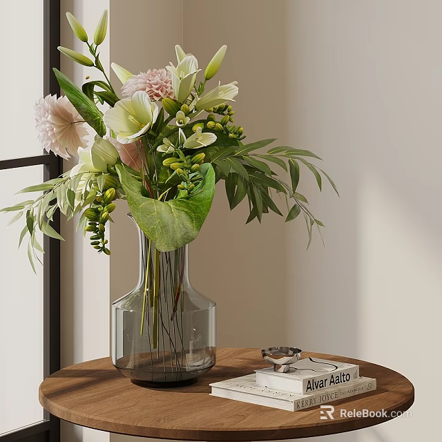 Indoor Bonsai Potted Plant With Green Foliage On Wooden Table And Books 3d model 