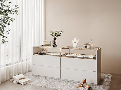 White Display Shelf with Jewelry Vase and Books in Natural Light Room 3d model