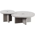 Round Coffee Tables With Dark Brown Wooden And Light Beige Stone Geometric Bases
