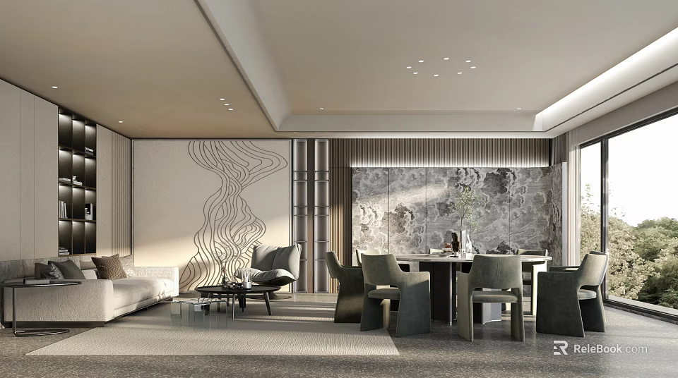 Modern Luxury Private Box Interior With Comfortable Sofa Dining Table And Art Decorative Wall 3d model