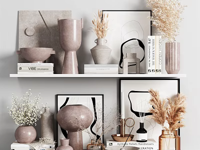 Modern Decorative Ornament Set with Vases Art Prints Books and Dried Flowers 3d model