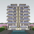 Modern Multi Storey Duplex Villa With Swimming Pool Purple Flower Trees And Lawn