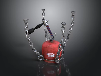 Red Gas Cylinder Secured With Metal Chains And Black Hose 3d model