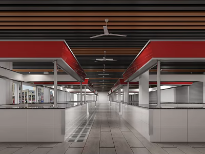 Modern Supermarket Department Store Featuring Open Layout Red Decor White Counters And Ceiling Fans 3d model