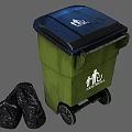 Public Facility Green Garbage Bin With Caution Sign And Black Garbage Bags