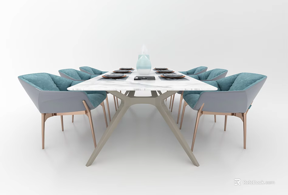 Modern Dining Table Set With White Top Turquoise Chairs Metal Legs And Tableware 3d model
