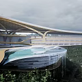 Modern Hotel Building With Curved Roof And Glass Curtain Walls In Mountainous Forest Setting