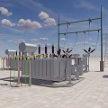 Outdoor Charging Station with Electrical Equipment Green Grassland and Distant Buildings Under Blue Sky