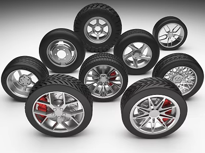 Car Tires with Various Designed Rims Black Tread and Red Brake Calipers 3d model