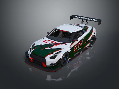 Nissan GT3 Race Car With White Body Green Red Accents And Rear Wing 3d model