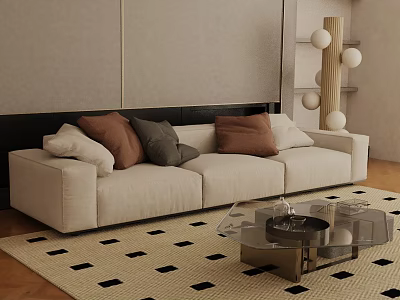 Three Seater Beige Sofa with Decorative Cushions on Black White Checkered Rug Glass Coffee Table 3d model