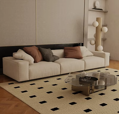 Three Seater Beige Sofa with Decorative Cushions on Black White Checkered Rug Glass Coffee Table 3d model