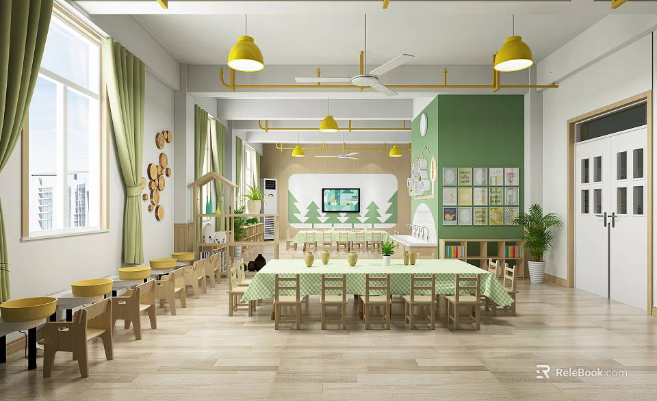 Bright Kindergarten Classroom With Green Walls Yellow Pendant Lights Wooden Tables And Decorative Plants 3d model 