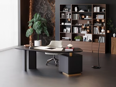 Modern Office Interior With Desk Bookshelf Green Plant Chair And Floor to Ceiling Window 3d model