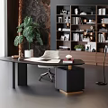 Modern Office Interior With Desk Bookshelf Green Plant Chair And Floor to Ceiling Window