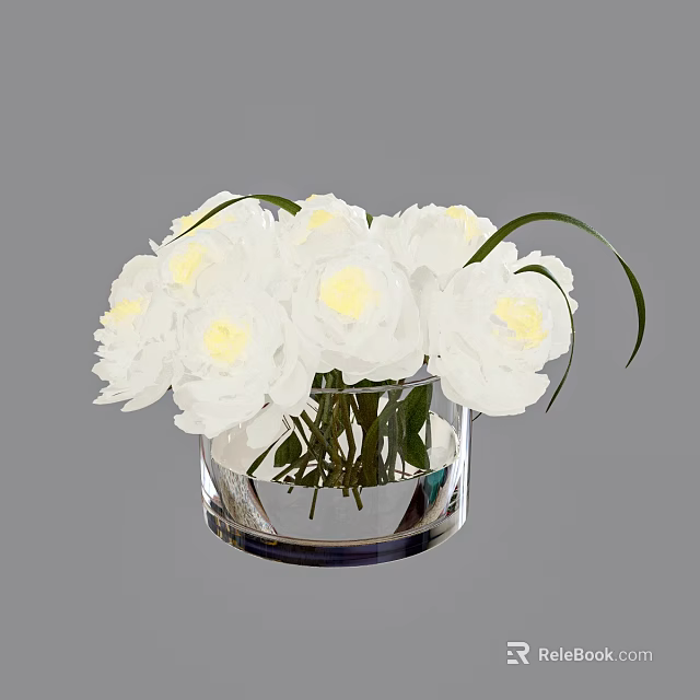 Bonsai Plant With White Flowers And Green Leaves In Transparent Glass Vase 3d model 