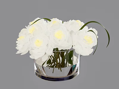 Bonsai Plant With White Flowers And Green Leaves In Transparent Glass Vase 3d model