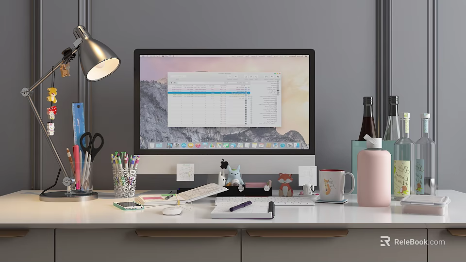 Home Office Desk Setup With Computer Monitor Desk Lamp Office Supplies Mug And Bottles 3d model 
