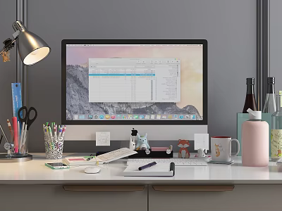 Home Office Desk Setup With Computer Monitor Desk Lamp Office Supplies Mug And Bottles 3d model