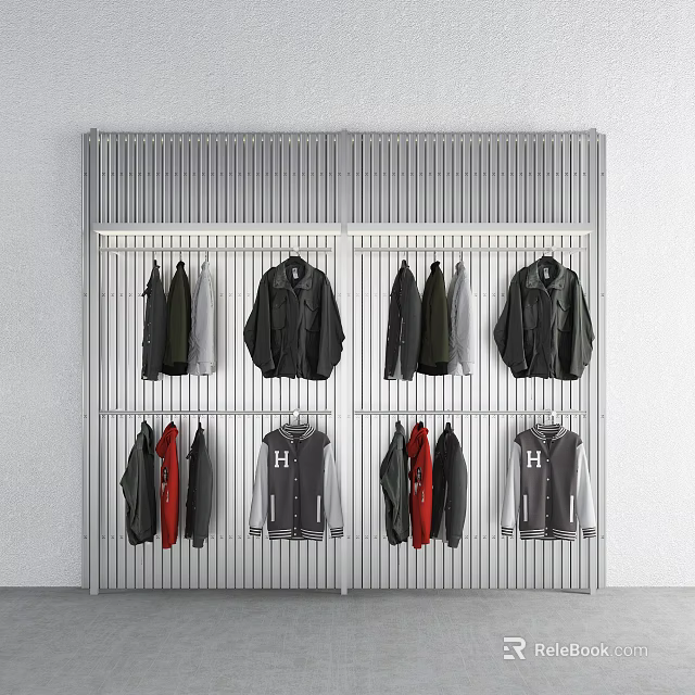Metal Grid Display Rack with Hanging Coats Vests in Various Styles and Colors 3d model 