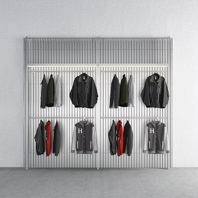 Metal Grid Display Rack with Hanging Coats Vests in Various Styles and Colors 3d model