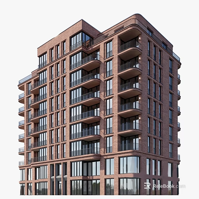 Modern Residential Building With Brick Facade Large Glass Windows And Multiple Balconies 3d model 