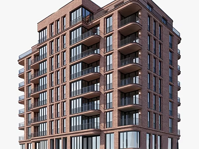 Modern Residential Building With Brick Facade Large Glass Windows And Multiple Balconies 3d model