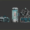 Futuristic Tech Components With Transparent Cylinder Control Console Mechanical Chair And Tablet