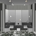 Modern Luxury Public Restroom Interior Design With Double Washbasins Marble Counter And Mirrored Walls