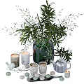 Elegant Tea Set Display With Fresh Green Plant Candles And Macarons On White Table