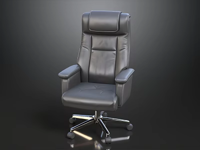 Black Leather Office Chair With High Backrest Armrests And Metal Base Wheels On Dark Background 3d model