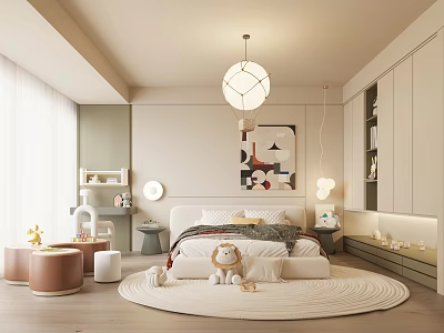 Cozy Modern Kids Room Interior With Soft Bed Teddy Bear Round Rug And Pendant Light 3d model