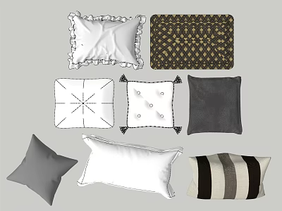Various Stylish Throw Pillows with Ruffled Edges Patterned Prints Solid Colors and Striped Designs 3d model