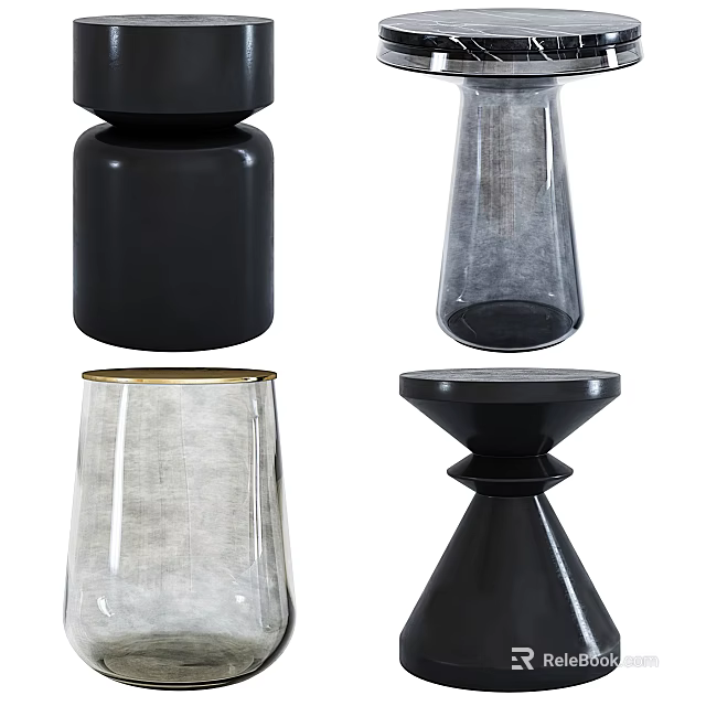 Modern Contemporary Side Table with Black Glass and Gold Accent Decorative Vases 3d model 