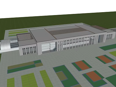 Modern Architectural 3D Model with Large Glass Windows Geometric Roof and Surrounding Square Green Areas 3d model