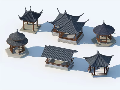 Traditional Chinese Style Pavilion 3D Models with Wooden Structures and Curved Tiled Roofs 3d model
