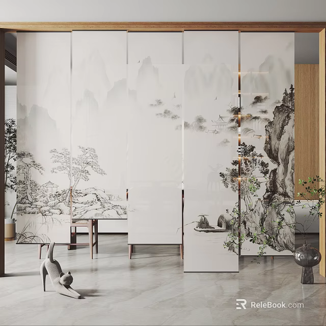 Modern Window Blinds Design For Elegant Interior With Chinese Landscape Artwork 3d model