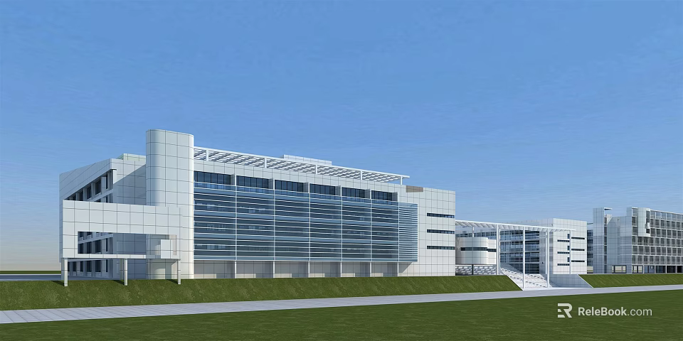 Modern School Building With Glass Curtain Walls White Exterior And Green Lawn 3d model 