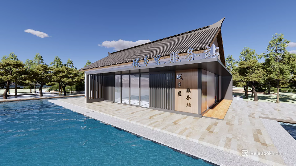 Traditional Modern Tourist Service Station With Glass Doors And Waterfront View 3d model 
