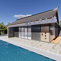 Traditional Modern Tourist Service Station With Glass Doors And Waterfront View
