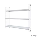 White Three Tiered Shelf Unit With Perforated Uprights And Flat Shelves On Wheels