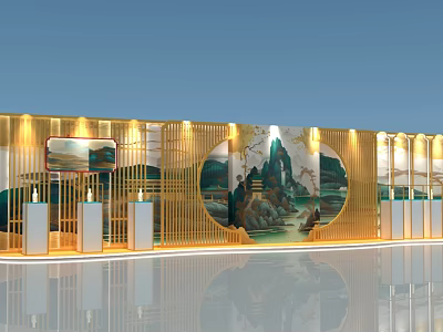 Golden Framed Exhibition Space Featuring Landscape Art And Illuminated Decor 3d model