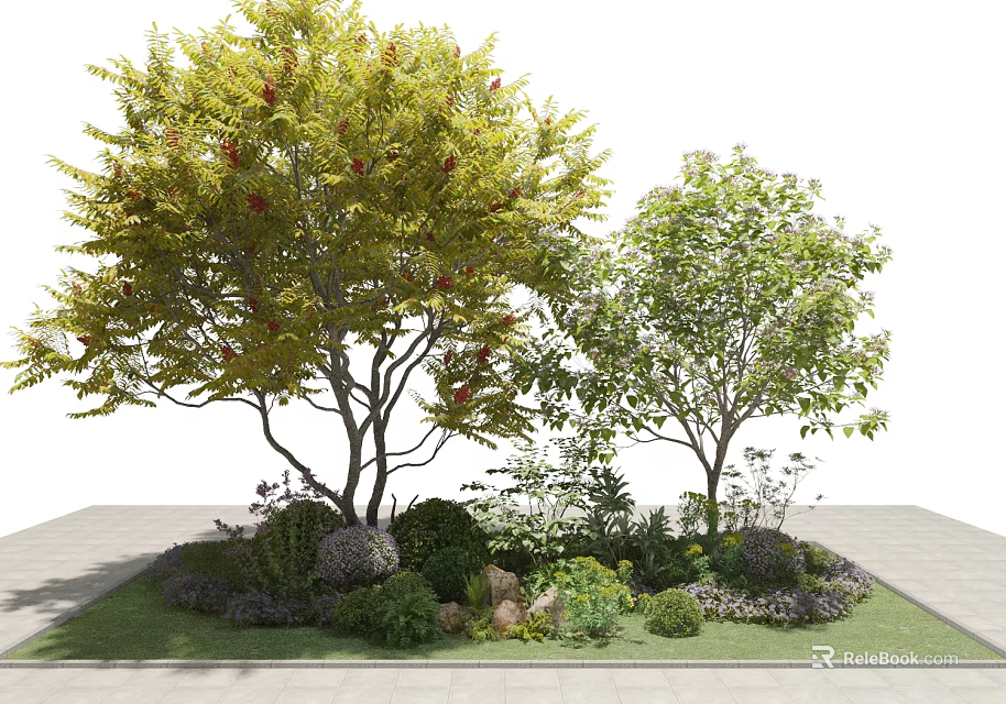 Two Ornamental Trees With Green And Yellow Foliage Red Fruits Shrubs Stones And Grass 3d model 