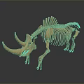 3D Rhinoceros Skeleton Model With Long Vertebrae Two Horns On Black Background With Reflection