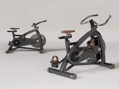 Modern Stationary Exercise Bikes With Brown Wooden Seats And Black Metal Frames 3d model